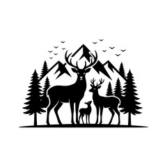 Vector art of silhouette of a deer family in the forest with mountains