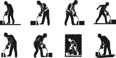 Black and White Icon Set of Plumbers and Workers Repairing Water Pipes, Sewer Systems, and Drains, Maintenance Crew Digging and Fixing Underground Infrastructure Vector Silhouettes.
