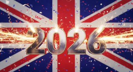 Celebrate 2026 with dazzling fireworks and confetti against the Union Jack