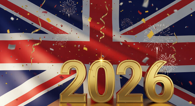 Celebrate the New Year with Union Jack fireworks and golden confetti for a vibrant 2026! - Powered by Adobe