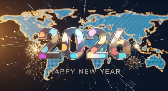 Celebrate 2026 globally with stunning fireworks and a vibrant world map in this festive greeting - Powered by Adobe