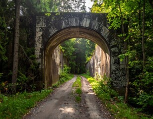 A stone archway and dirt path through a lush green forest. Sunlight filters through the trees. The path leads into the distance