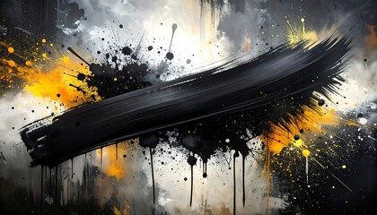 A dynamic abstract composition of black brushstrokes with scattered paint splatters and bursts of yellow against a grey background