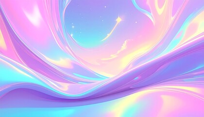 A dreamy, abstract composition with swirling, iridescent pastel shapes and a soft gradient sky with stars
