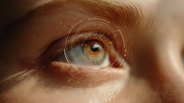 Detailed close-up of a human eye featuring a dynamic digital overlay with intricate geometric patterns, highlighting the fusion of biology and technology