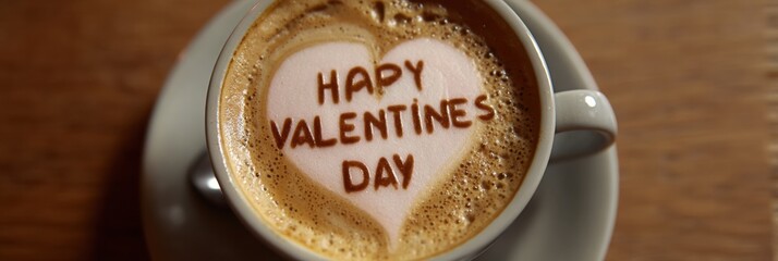 Rich frothy coffee in a cup features a heart design with Happy Valentines Day written on top, set on a rustic wooden table.