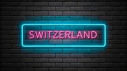 Obraz premium Pink neon glowing switzerland sign with blue border on brick wall background 