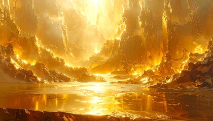 A fantastical landscape bathed in golden light, reflective water at the base, creating a glowing, otherworldly environment