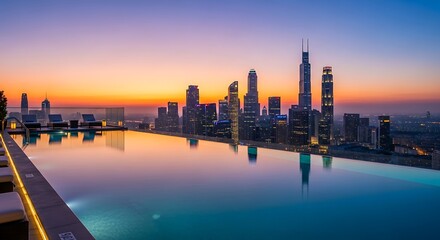 Naklejka premium Infinity Pool Overlooking City Skyline at Sunset swimming pool rooftop