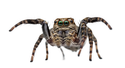 Detailed close-up of a jumping spider on white background  