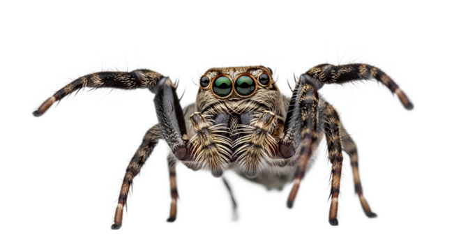 Detailed close-up of a jumping spider on white background  