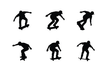 Black silhouettes of skateboarders performing tricks white action