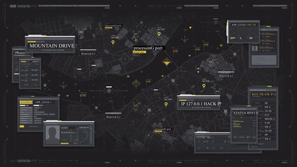 Cyberpunk City Map: Data Streams, Hacking, and Surveillance Network Interface - Powered by Adobe