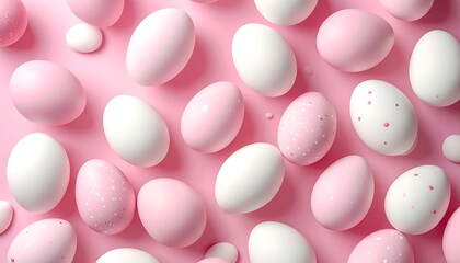 A flat-lay arrangement showcases an array of pastel pink and white eggs, some with polka-dot details, on a soft pink background