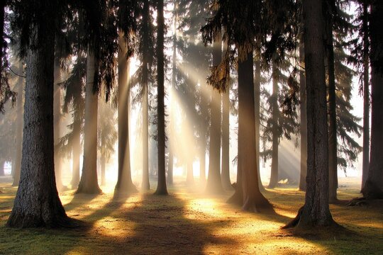 Sunlight streams through a misty forest (1)