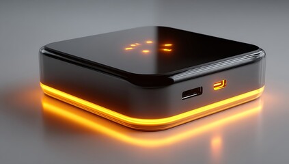 Black electronic device with glowing orange light strip and USB ports on a reflective surface