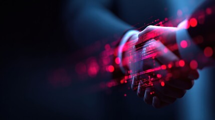 Two hands are shaking in a professional setting, with a digital effect creating a sense of technology and connection in the background.