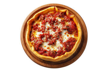 Thick crust deep dish Chicago pizza with cheese and tomato sauce on wooden board isolated on white transparent background, concept of United States traditional street food