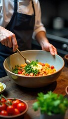 Chef skillfully prepares vibrant culinary creation in bright restaurant kitchen, combining colorful ingredients in large mixing bowl; energetic food preparation scene.