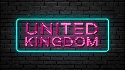 Obraz premium Neon glowing united kingdom sign on dark brick wall background 