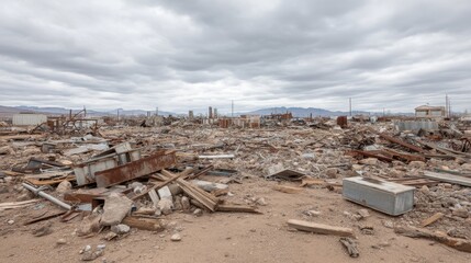 Abandoned Landscape with Debris and Wreckage under Dramatic Cloudy Sky in Deserted Area Featuring Ruins and Neglected Materials
