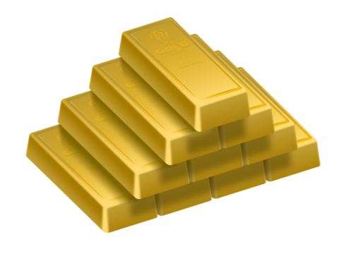 Stack of gold bars arranged in tiered pyramid formation. Wealth and investment concepts, isolated on transparent, slightly elevated angle perspective.
