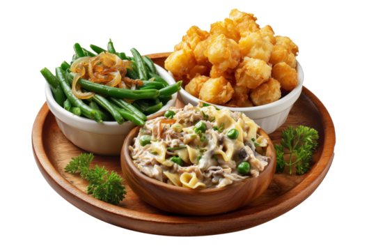 Bowls of green beans, crispy tater tots, and creamy tuna noodle casserole on wooden plate, isolated on white transparent background, concept of traditional United States dishes