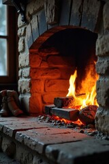 Glowing Embers in a Rustic Stone Fireplace Cozy Winter Warmth and Home Comfort