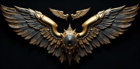 Industrial Mechanics Steampunk mechanical wings, intricate gears, polished brass, rivets, dark moody lighting, workshop feel. Close up of intricate, mechanical steampunk wings constructed from