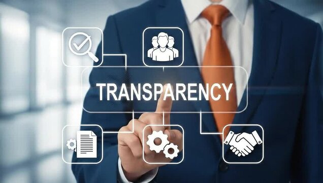Business man working on virtual touch screen presses word TRANSPARENCY. Business transparency and accountability - Powered by Adobe