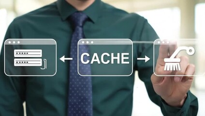 Business person using virtual touch screen push word CACHE. Cache and spam concept for website design or landing web page