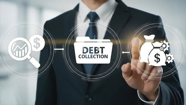 Debt collection business finance concept. Collector or bailiff using virtual touch screen push inscription DEBT COLLECTION