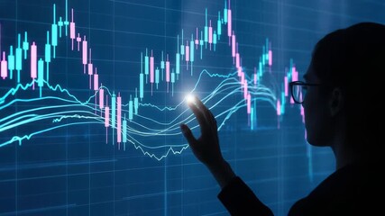 Person analyzing stock market data on a glowing blue digital screen with candlestick charts - Powered by Adobe