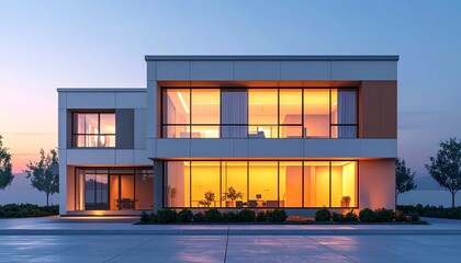 Modern Office Building with Warm Interior Lighting at Dusk Exterior View