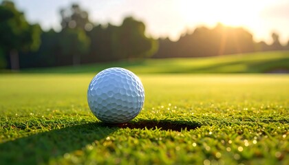 A golf ball sits near a hole on a lush green course bathed in warm morning sunlight. Trees are blurred in the background