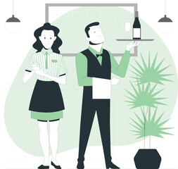 Restaurant Staff, Waiter and Waitress, with Wine Bottle and Glasses on Tray Keywords: restaurant, staff, waiter, waitress, service, hospitality, dining, food, drink, wine, bottle, glasses, tray