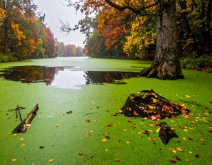 A vibrant autumn scene with a tranquil lake and colorful trees reflected on the water's surface. A weathered tree stump rests at the edge