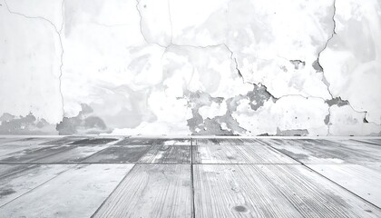A grayscale interior shows a distressed wall with cracks above a wooden floor. The wall's paint is chipping and peeling in several spots