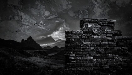 A grayscale scene with a weathered brick structure against mountainous terrain under a dramatic, cloudy sky. An airplane is visible
