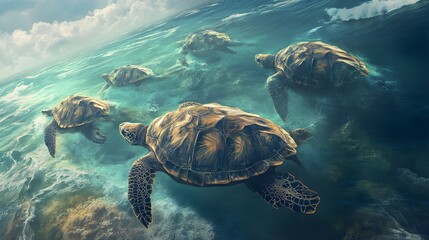 Obraz premium Sea turtles gracefully swim together in the ocean's turquoise waters creating a serene marine scene perfect for nature and wildlife enthusiasts