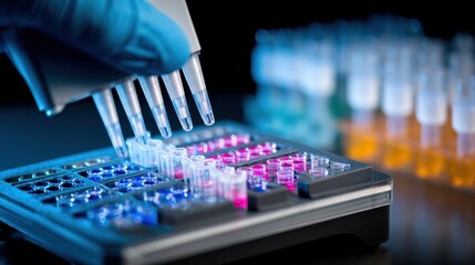 Laboratory technician uses pipettes to transfer liquids into test tubes filled with colorful solutions during a research experiment.
