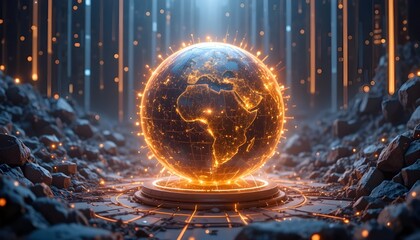 Glowing Earth globe showcasing global network and digital connections, ideal for technology and innovation concepts.