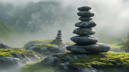 Serene zen garden featuring stacked stones on mossy rocks in a misty landscape promoting mindfulness and relaxation with natural elements