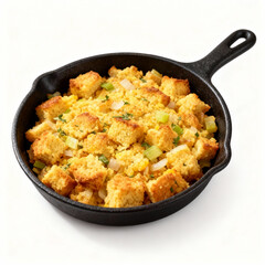 Delicious cornbread stuffing in a cast iron skillet isolated on white background