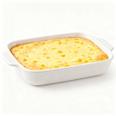 Corn casserole in a white baking dish isolated on white background, side view