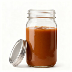Homemade caramel sauce in a mason jar isolated on white background, lid on the side