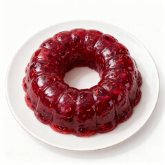 Raspberry gelatin salad on a white plate isolated on white background, ring shape
