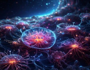 Bioluminescent, otherworldly organisms float in a vibrant, cosmic landscape