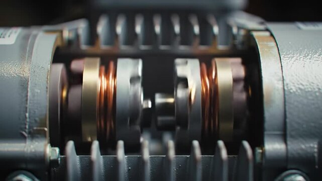 Close up of electric motor internal components showing copper coils and metal parts.
