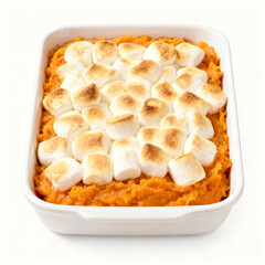 Sweet potato casserole with toasted marshmallows isolated on white background for a holiday side dish